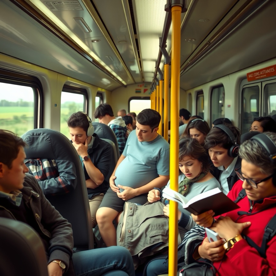 On a busy commuter train